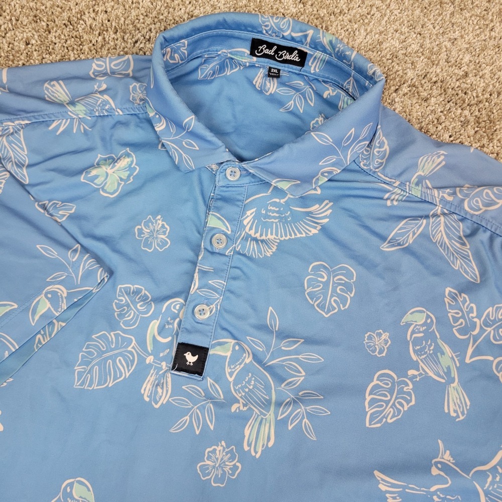 Bad Birdie Mens‎ 2XL Blue AOP Floral Birds Performance Stretch Golf Polo SS